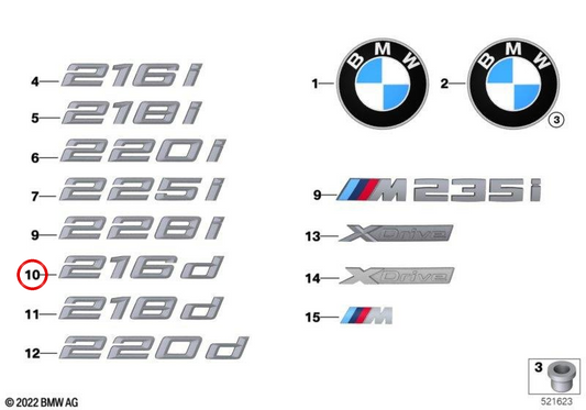 Emblema trasero "216d" OEM 51149491002 para BMW Serie 2 F44. Original BMW.