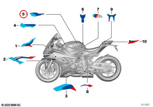Decoración depósito combustible superior izquierda OEM 51149830087 para BMW Motorrad M 1000 RR. Original BMW Motorrad.