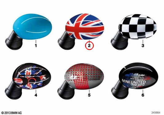 Union Jack Right Mirror Cover OEM 51160415076 for MINI R56, Clubman R55, Cabrio R57, Coupe R58, Roadster R59, Countryman R60, Paceman R61... and more. Original MINI.