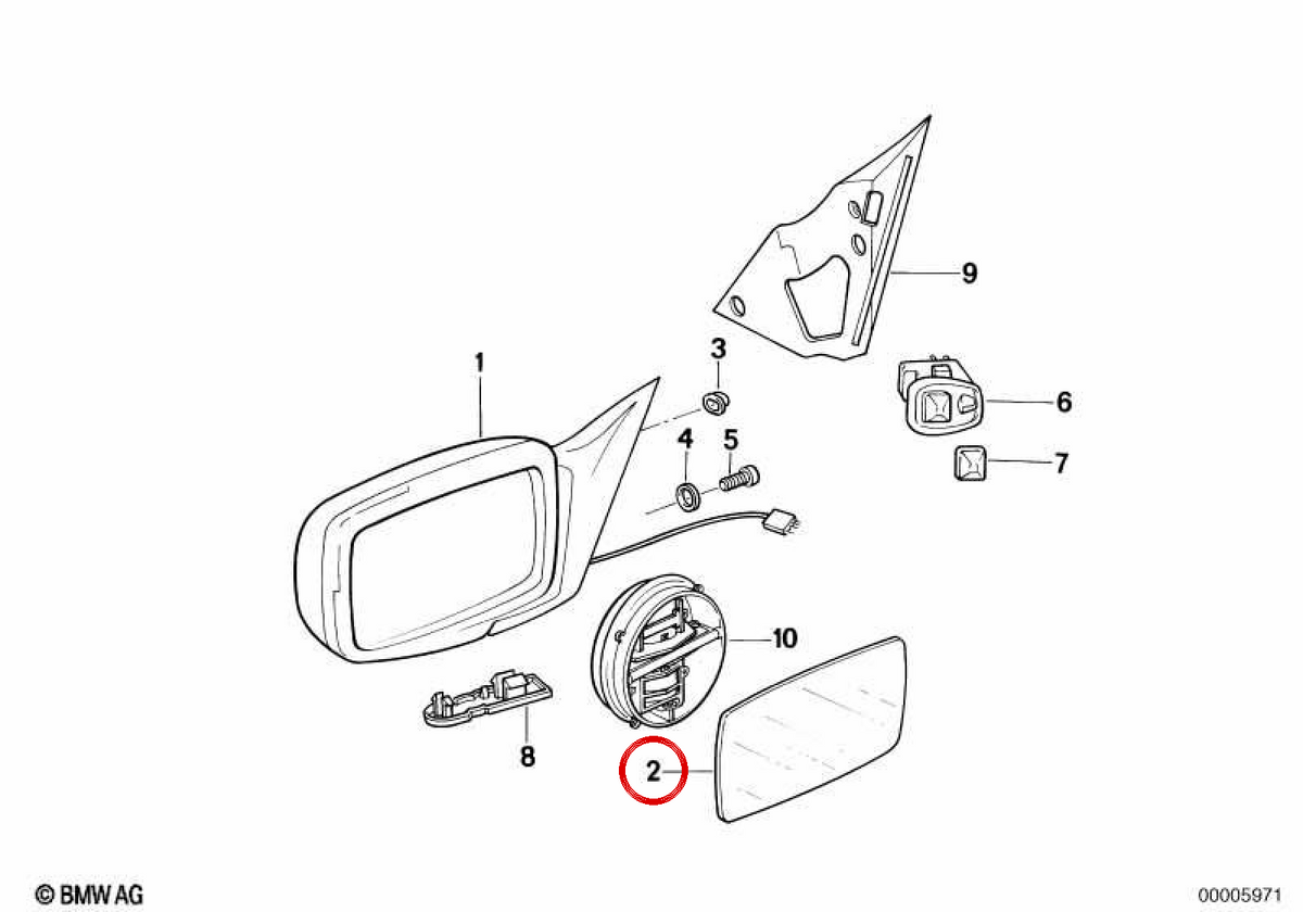 Glass Mirror Izquierdo Angular OEM 51161938091 for BMW E34, E32. Original BMW.