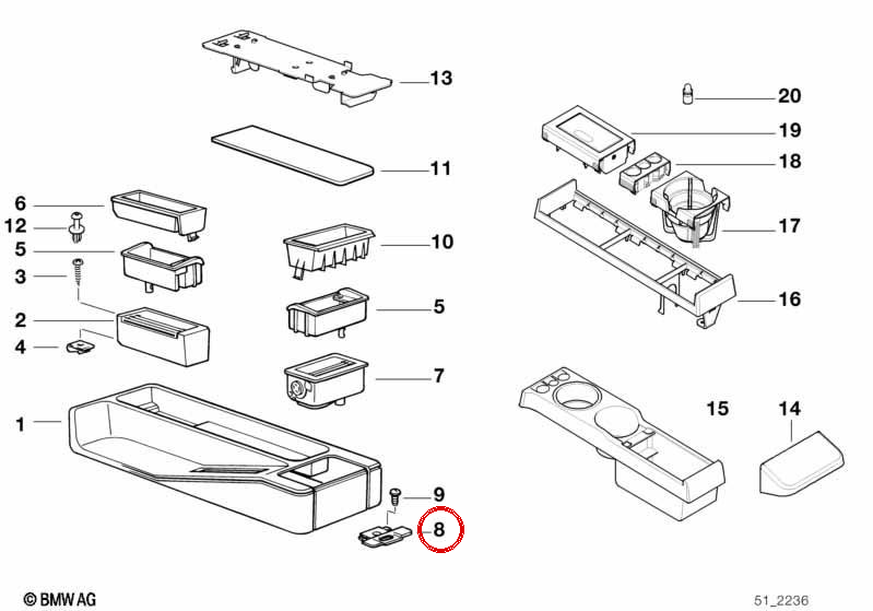 Centrale console angolare 51161977339 per la serie BMW 3 E36 (316i, 318i, 320i, 325i ... e altro). BMW originale.