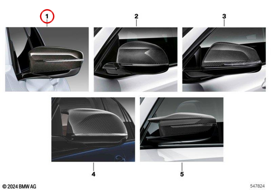Alloggiamento dello specchio retrovisore del carbonio (lato sinistro, RHD) OEM 51162462827 per BMW G42, G20, G21, G28, G22, G23, G26. BMW originale.