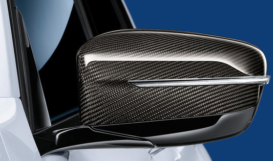 Carcasa retrovisor izquierdo en carbono OEM 51162466669 para BMW G30, G31, G32, G11, G12, G14, G15, G16. Repuesto original BMW M Performance. Compatible con todos los modelos indicados.