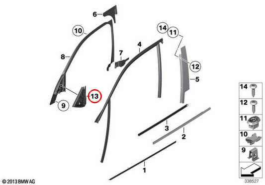 Junta triángulo espejo exterior izquierdo OEM 51162991089 para BMW E84. Original BMW.
