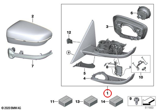 Specchio retrovisore esterno in altezza con memoria sinistra OEM 51165A08347 per BMW G22, G23. BMW originale.