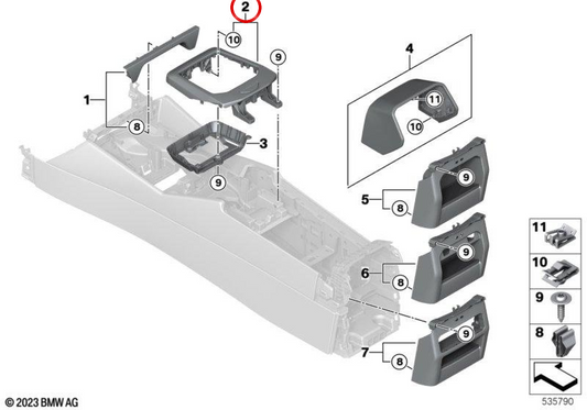 Embellecedor superior MIKO para consola central OEM 51165A13175 para BMW G60, G61, G90. Original BMW.