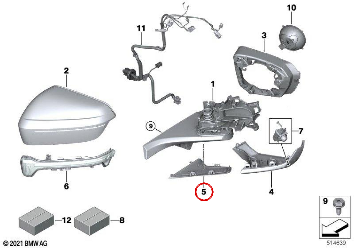 OEM 51165A17FC3 Coperchi di base retrovisore per BMW IX (I20). BMW originale.