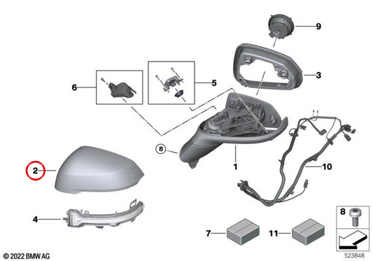 Coque de rétroviseur extérieur droit apprêtée OEM 51165A2D172 pour BMW Série 2 F45, F46, X1 U11, X2 U10. Véritable BMW.