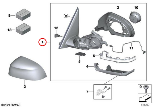 Left exterior rearview mirror (without glass, heated) OEM 51165A3AEF7 for BMW G02. Original BMW.