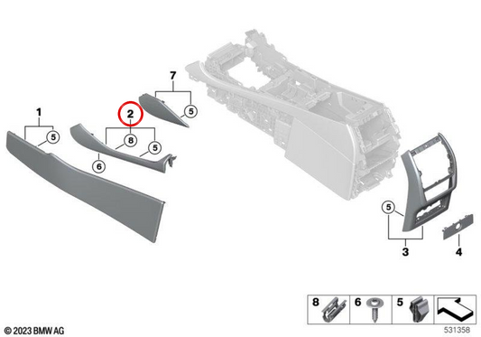 Bride décorative droite de console centrale noire OEM 51165A3DEE6 pour BMW X6 G06 et X6 G06 LCI. Original BMW