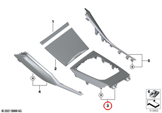 Finely ground aluminum center console trim OEM 51165A684F2 for BMW 2 Series G42, 3 Series G20, G80, 4 Series G22, G82, G26, i3L G28, i4 G26... and more. Genuine BMW.
