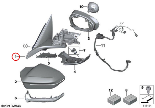 Specchio esterno sinistro OEM 51165A88155 per BMW X3 G45 (modelli 20i, 30i, 20d, M50i xDrive) senza parti collegate, finitura Shadow-Line. BMW originale.