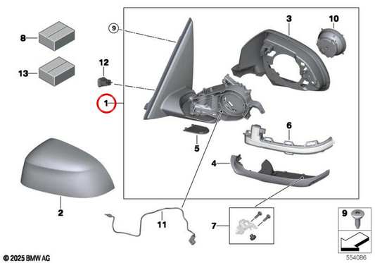 Retrovisor droit avec mémoire finie mate 51165a94254 pour BMW G05. BMW d'origine.