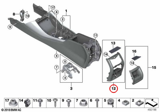 Cubierta consola central trasera OEM 51166813720 para BMW G01, F97, G02, F98. Original BMW.