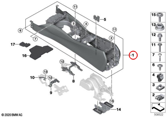 ** Zentrale Konsole mit Nähen in Dolomiti OEM 51166833965 für BMW G30, G31, G32. Original BMW **