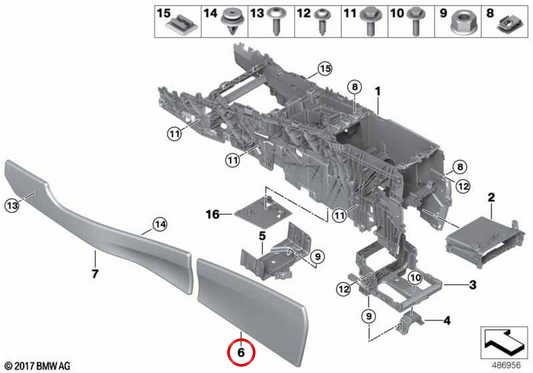 Cubierta consola central trasera izquierda OEM 51166834715 para BMW F15, F85, F16, F86. Original BMW.
