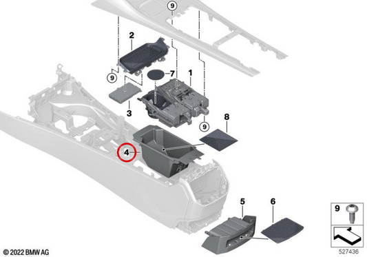 Bandeja organizadora de apoio de braço central OEM 51166917168 para BMW G70. BMW genuíno.