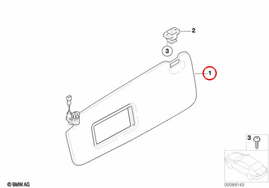 Viseira solar com luz de maquiagem esquerda OEM 51166952551 para BMW E65, E66. BMW genuíno.