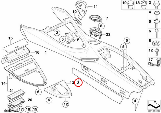 Guarnição do console central traseiro direito OEM 51166960994 para BMW E63 e E64. BMW genuíno.