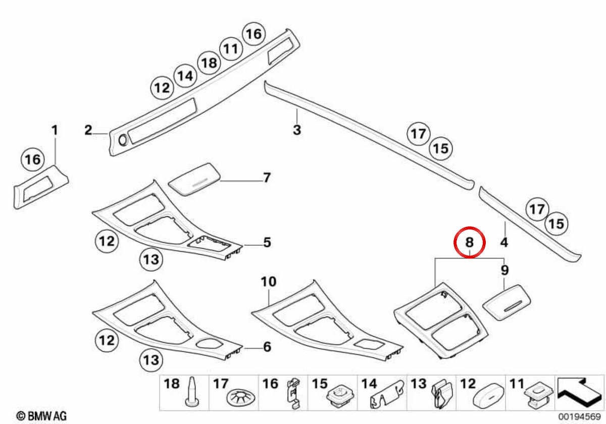 Embellecedor consola central frontal OEM 51166966488 para BMW E92, E93. Original BMW.