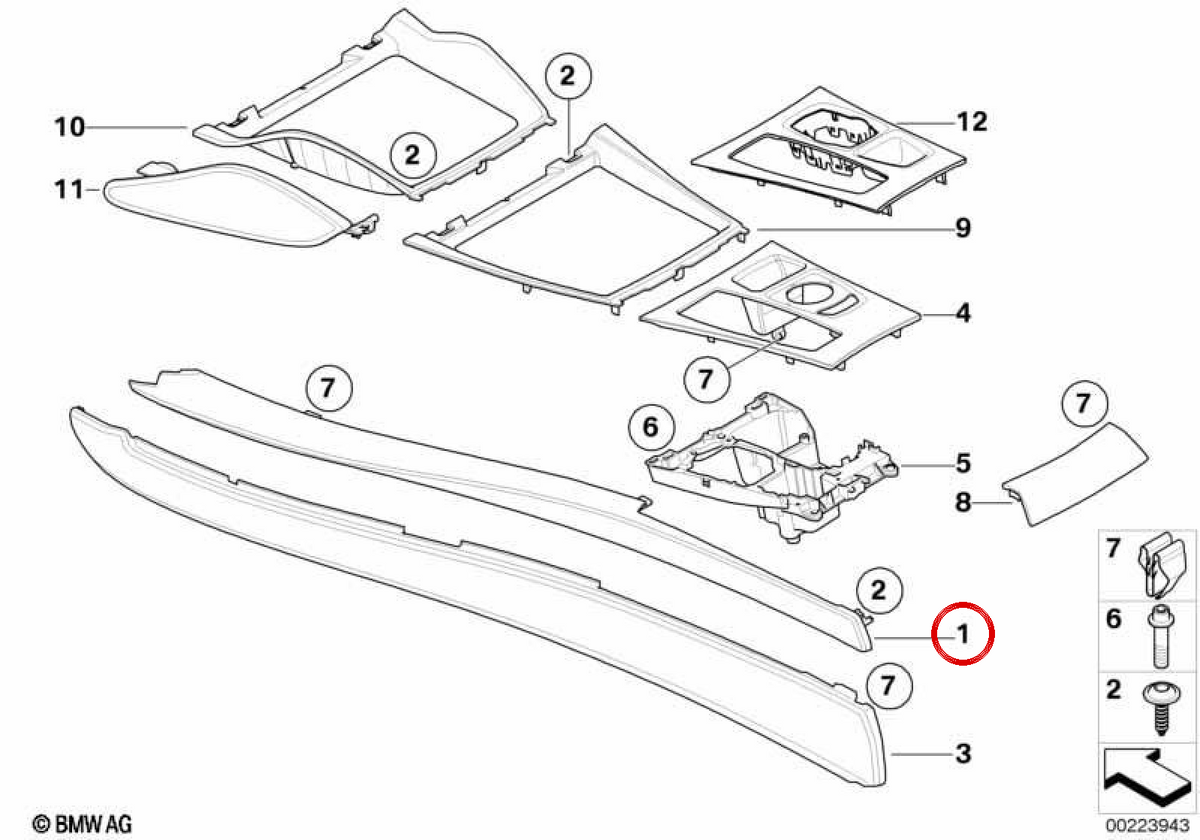 Acabamento em alumínio do console central esquerdo OEM 51166969541 para BMW E70, E71, E72. BMW genuíno.