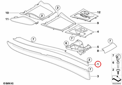 Acabamento em alumínio do console central esquerdo OEM 51166969541 para BMW E70, E71, E72. BMW genuíno.
