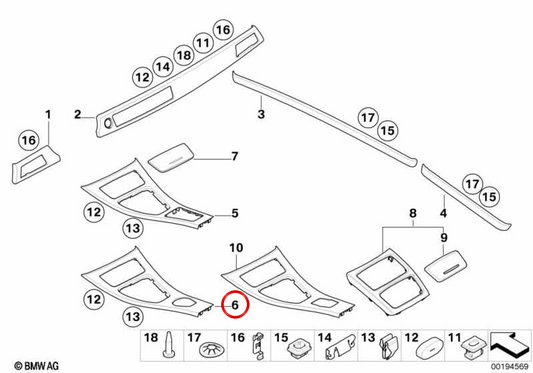 Cubre consola central OEM 51166982643 para BMW E90, E91, E92, E93. Original BMW.
