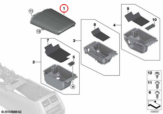 Apoyabrazos central de cuero OEM 51166993208 para BMW G11, G12. Original BMW.