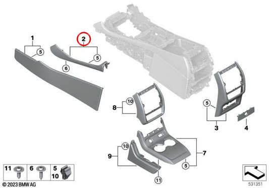 Moldura decorativa derecha de consola central en cuero Tartufo OEM 51166996492 para BMW X7 G07 y Z4 G29. Original BMW