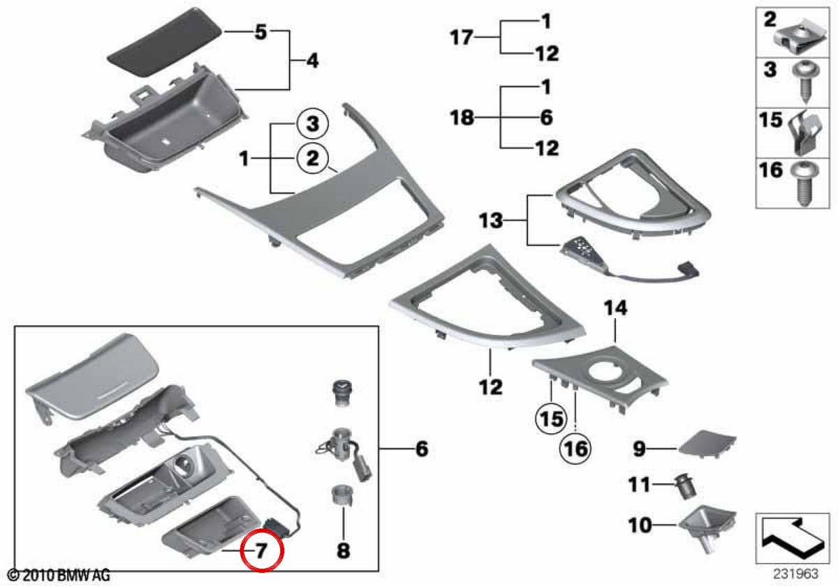 Inserte asicero OEM 51167078573 per BMW E81, E82, E87, E88, E90, E91, E92, E93. BMW originale.
