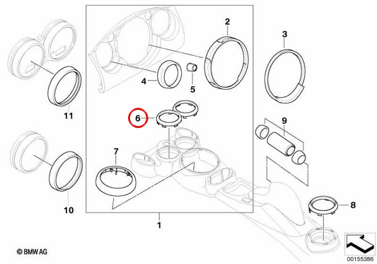 Chrome drink holder trim ring OEM 51167127915 for MINI R50, R52, R53. Original MINI.