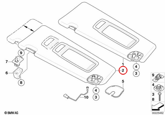 Parasol con luz de cortesía izquierda OEM 51167281661 para BMW E71, E72. Original BMW.
