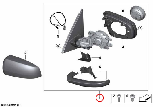 Linker Außenspiegel mit Heiz- und Speicher OEM 51167282733 für BMW E70, E71. Original BMW.