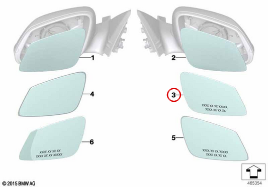 Vetro specchio destro convesso con riscaldamento OEM 51167285011 per BMW F20, F21, F22, F23, F30, F31, F34, F32, F33, F36, F87, E84. BMW originale.