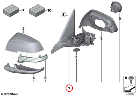 Rechts Rückfahrgehäuse (ohne Glas, erhitzt) OEM 51167291518 für BMW F34. Original BMW.