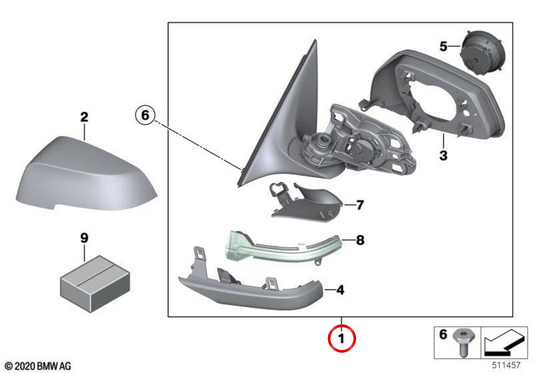 Miroir de recul gauche (sans verre, chauffé) OEM 51167308437 pour BMW F01, F02. BMW d'origine.
