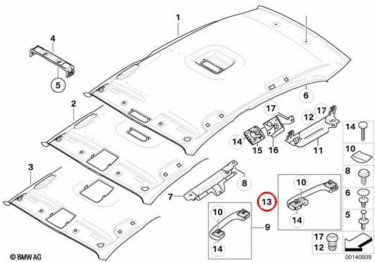 Manico del tetto posteriore destro 51167312182 per BMW E81, E87. BMW originale.