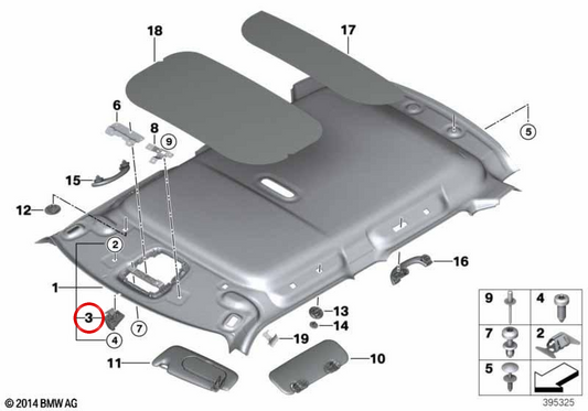 Supporto per visiera parasole grigio Satellite OEM 51167375974 per MINI F56, F55, Clubman F54, Countryman F60... e altro ancora. MINI originale.