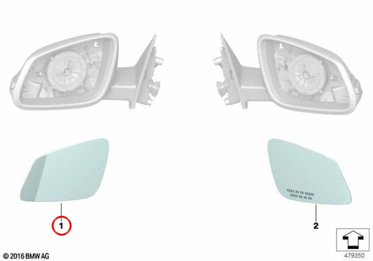 Espelho de vidro aquecido grande angular esquerdo OEM 51167377975 para BMW F52, F45, F46, F48, F49. BMW genuíno.