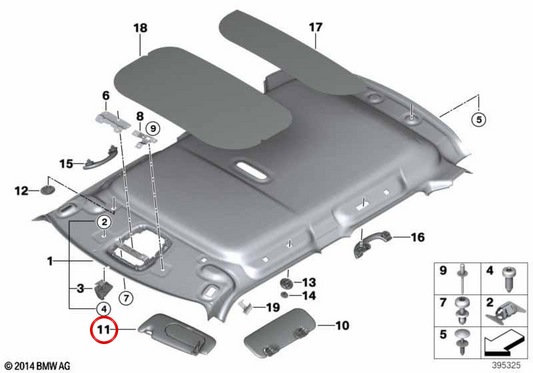 Sonnenblende rechts mit Etikett Satellite Grey OEM 51167382102 für MINI F55, F56, F56 BEV, F66, F65… und mehr. Original MINI.