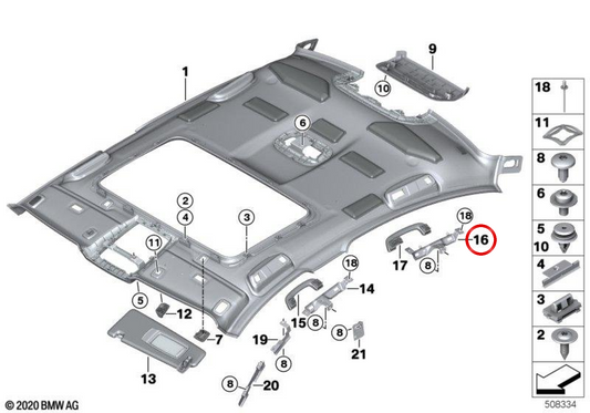 Alça de teto traseira esquerda OEM 51167384557 para BMW F90, G30. BMW genuíno.