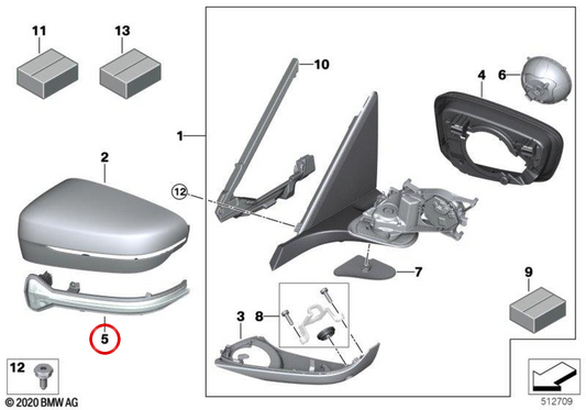 Intermittierender rechter Rückfahrspiegel OEM 51167414652 für BMW F90, G30, G31, G32, G11, G12, F91, F92, F93, G14, G15, G16. Original BMW.