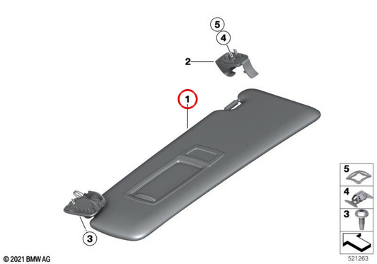 Pala de sol esquerda com etiqueta OEM 51167419305 para BMW F30, F31, F34, F32, F36. BMW genuíno.