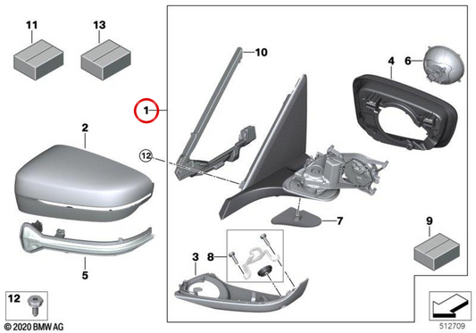 Externer Rückspiegel mit Speicher und linker Bus OEM 51167437171 für BMW G11, G12. Original BMW.