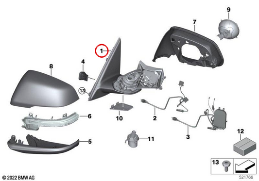 Miroir de recul gauche (sans accessoires) OEM 51167459789 pour BMW F48. BMW d'origine.