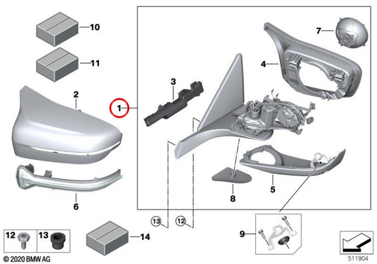 Specchio cromato destro umefattabile OEM 51167885456 per BMW G14, G15, G16. BMW originale.