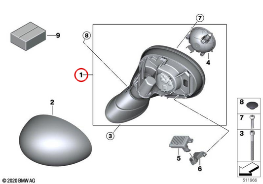 Specchio esterno destro senza vetro termico OEM 51167931800 per MINI F56, F56 BEV, F55, Cabrio F57. MINI originale.