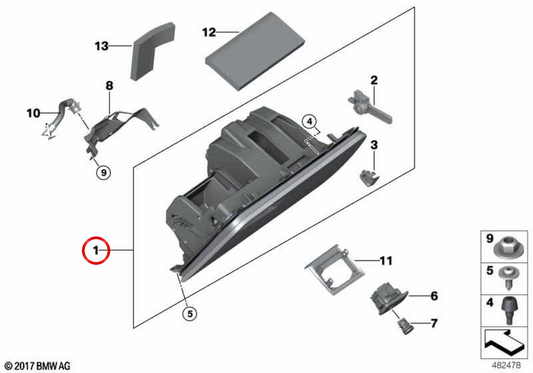 Porta-luvas OEM 51167941045 para BMW G01, F97, G02, F98. BMW genuíno.