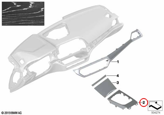 Guarnição do console central Acabamento prateado Fineline OEM 51167993088 para BMW G20, G21, G80, G81, G22, G23, G82, G83. BMW genuíno.