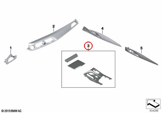 Embellecedor consola central aluminio carbono OEM 51167995547 para BMW F90. Original BMW.